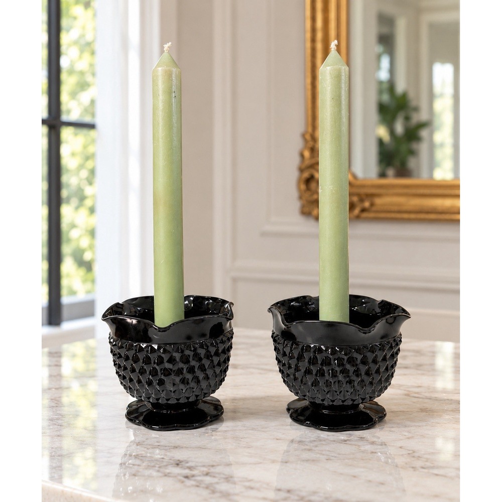 Vintage Tiara Indiana Glass Black Diamond Point Candle Holders Pair Gothic